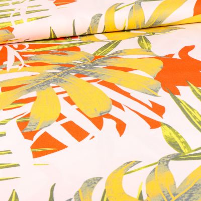 Tissu Viscose Twill Grandes feuilles de palmier sur fond Blanc - Par 10 cm