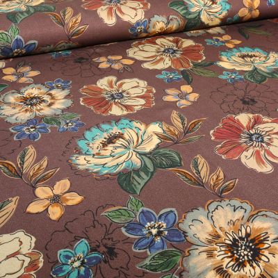 Tissu Viscose Twill Flo esquisse sur fond Marron - Par 10 cm