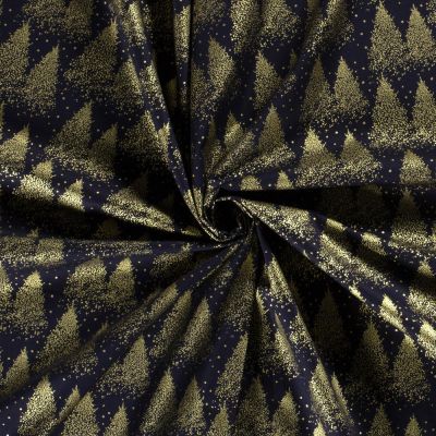 Tissu Popeline de Coton Eloi sapins dorés sur fond Bleu marine - Par 10 cm
