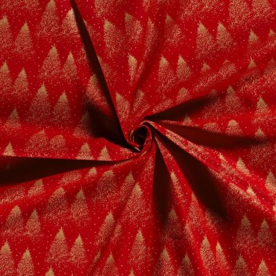 Tissu Popeline de Coton Eloi sapins dorés sur fond Rouge - Par 10 cm