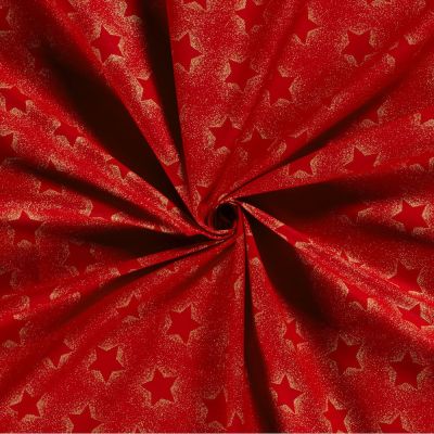 Tissu Popeline de Coton Santa étoiles dorées sur fond Rouge - Par 10 cm