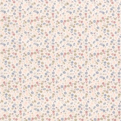 Coupon Tissu Jersey Coton Fleurs Louna rose et bleu sur fond Ecru - Coupon de 100 cm