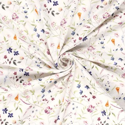 Coupon Tissu Sweat léger French Terry digital Fleuris sur fond Ecru - Coupon de 10 cm