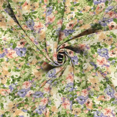 Tissu Polyester aspect Lin Fleuris Cécilya sur fond Vert pâle - Par 10 cm