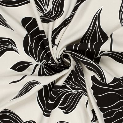 Tissu Viscose satiné Motif floral noir sur fond Ecru - Par 10 cm