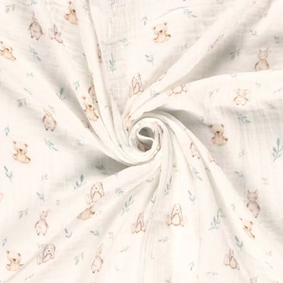 Tissu Double gaze  Oursons et lapins peluche sur fond Ecru - Par 10 cm