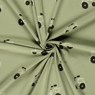 Tissu Jersey Coton Tracteurs blancs et noirs sur fond Vert - Par 10 cm