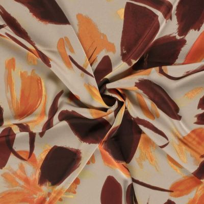 Tissu Satin Duchesse Domitille fleurs Chocolat sur fond Beige sable - Par 10 cm