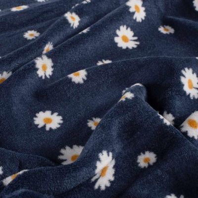 Tissu Jersey Velours tout doux Aurel pâquerettes Blanches sur fond Bleu marine - Par 10 cm