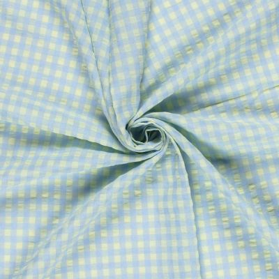 Tissu Coton Seersucker carreaux Vichy sur fond Bleu clair - Par 10 cm
