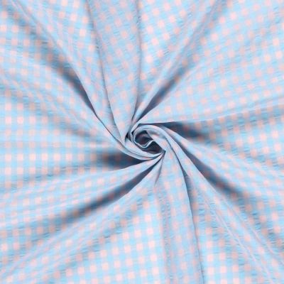 Tissu Seersucker Carreaux rose pâle sur fond Bleu ciel - Par 10 cm