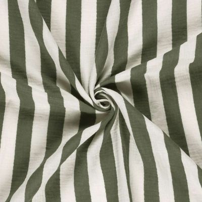 Tissu Double Gaze de Coton Rayé Vert kaki sur fond Blanc - Par 10 cm