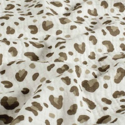 Tissu Double gaze de Coton motif panthère Taupe et Beige sur fond Blanc cassé - Par 10 cm