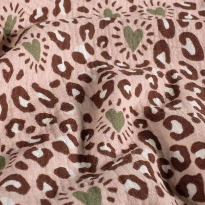 Tissu Double gaze de Coton Motif Léo et coeur sur fond Vieux rose - Par 10 cm
