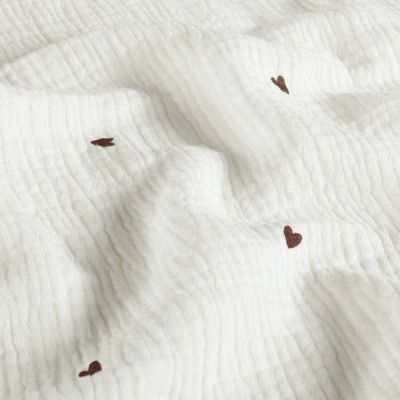Coupon Tissu Double gaze de Coton petits coeurs Bordeaux foncé sur fond Blanc cassé - Coupon de 50 cm