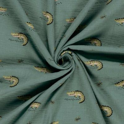 Tissu Double gaze de Coton Arthur crocodiles sur fond Vert - Par 10 cm