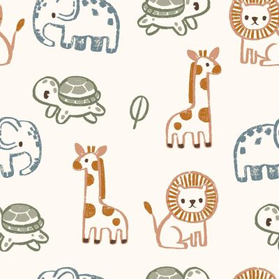 Tissu Sweat léger French Terry envers gratté mignons animaux sur fond Blanc cassé - Par 10 cm