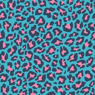 Tissu Popeline de Coton Léo Pop tacheté Léopard rose et bleu marine sur fond Bleu turquoise - Par 10 cm