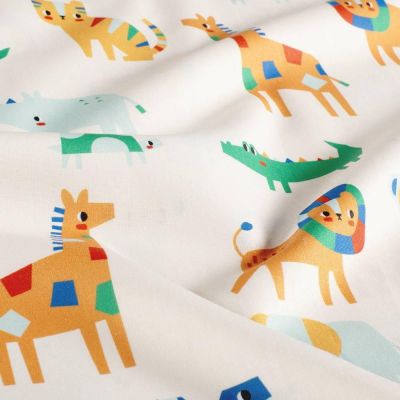 Tissu Popeline de Coton imprimé Animaux du zoo sur fond Ecru - Par 10 cm