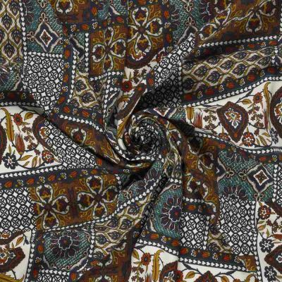 Tissu Viscose satiné Mounia patchwork oriental sur fond Bleu turquoise - Par 10 cm