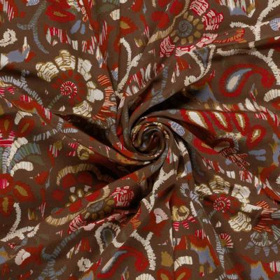 Tissu satin de viscose Fleuris sur fond Bordeaux - Par 10 cm