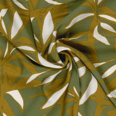 Tissu crêpe de viscose imprimé Fleuris blanc sur fond Vert - Par 10 cm