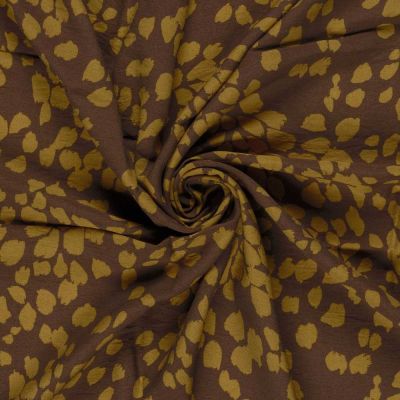 Tissu crêpe de viscose imprimé Fleuris or sur fond Marron - Par 10 cm
