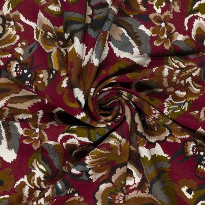 Tissu crêpe de viscose imprimé Fleuris sur fond Bordeaux - Par 10 cm
