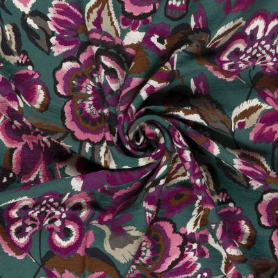 Tissu crêpe de viscose imprimé Fleuris Rose et violet sur fond Vert canard - Par 10 cm