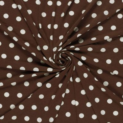 Tissu Jersey Viscose imprimé à pois blanc sur fond Marron - Par 10 cm