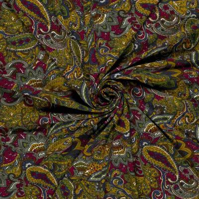 Tissu Jersey viscose imprimé motifs cachemire sur fond Bordeaux - Par 10 cm
