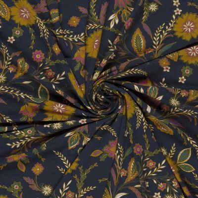 Tissu jersey viscose imprimé motifs Fleuris sur fond Bleu indigo - Par 10 cm