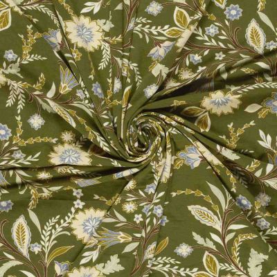 Tissu jersey viscose imprimé motifs Fleuris sur fond Vert kaki - Par 10 cm
