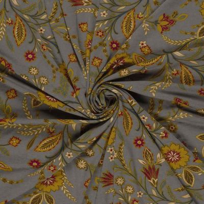 Tissu jersey viscose imprimé motifs Fleuris sur fond Gris souris - Par 10 cm