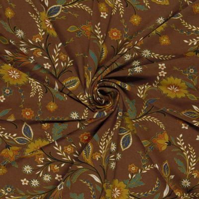 Tissu jersey viscose imprimé motifs Fleuris sur fond Marron - Par 10 cm