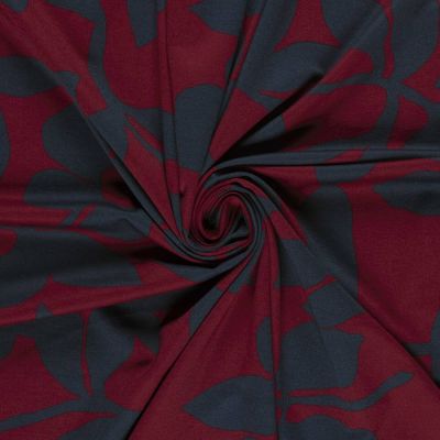 Tissu Jersey Milano imprimé motifs Fleurs bleu marine sur fond Bordeaux - Par 10 cm