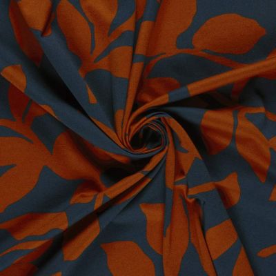 Tissu Jersey Milano imprimé motifs Fleuris brique sur fond Bleu marine - Par 10 cm