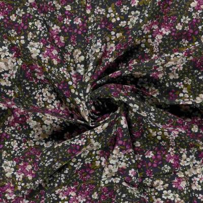 Tissu Popeline de Viscose imprimé Manon fleurs sur fond Gris anthracite - Par 10 cm