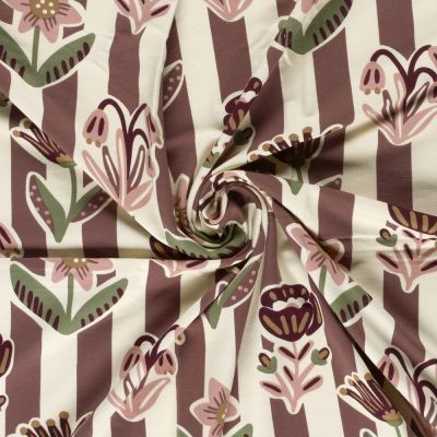 Tissu Sweat léger French Terry fleurs stylisées rayures Bordeaux sur fond Ecru - Par 10 cm