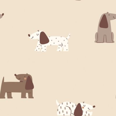 Tissu Jersey French terry Crêpe dogs sur fond Beige - Par 10 cm