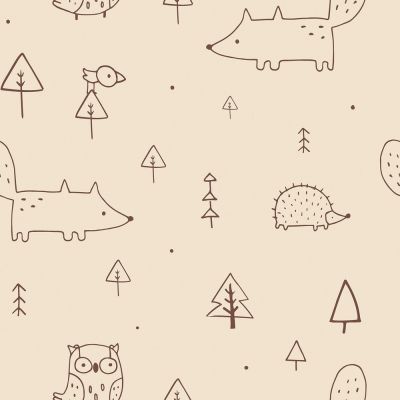 Tissu Jersey French terry Crêpe Animaux en forêt sur fond Beige - Par 10 cm