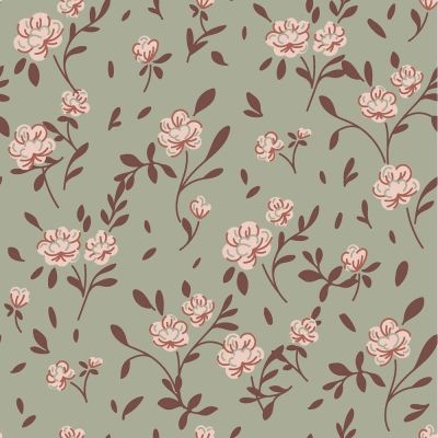 Tissu Jersey French terry Crêpe Fleurs sur fond Vert olive - Par 10 cm