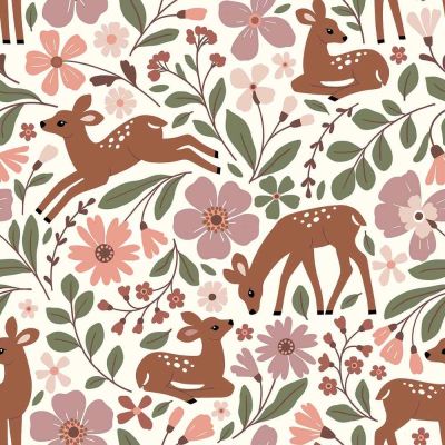 Tissu Jersey French terry Crêpe Forêt enchantée sur fond Blanc cassé - Par 10 cm