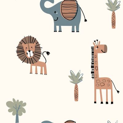 Tissu Jersey French terry Crêpe Animaux du zoo sur fond Blanc cassé - Par 10 cm