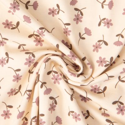 Tissu Jersey Coton imprimé Lya petites fleurs Vieux Rose sur fond Crème - Par 10 cm