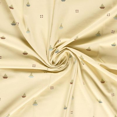Tissu Jersey Coton imprimé Petits bateaux sur fond Beige - Par 10 cm