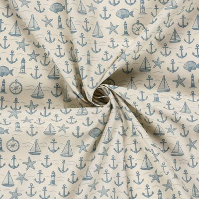 Tissu Coton imprimé digital Anchor esprit de la mer sur fond Beige - Par 10 cm
