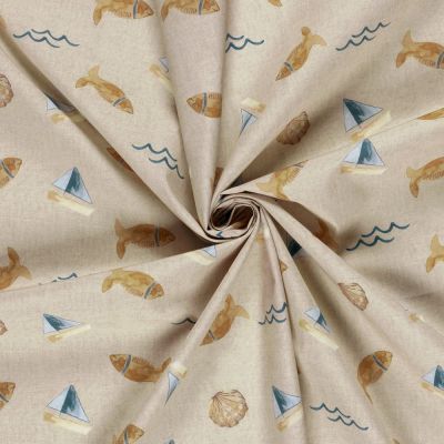 Tissu Coton imprimé digital Lulu petits bateaux et poissons sur fond Beige - Par 10 cm