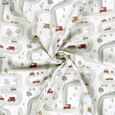 Tissu Coton imprimé digital Léon on the road sur fond Ecru - Par 10 cm