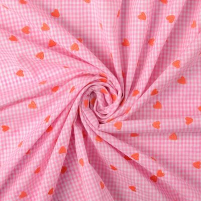Tissu Coton imprimé petits coeurs brodés Vichy Rose sur fond Blanc - Par 10 cm
